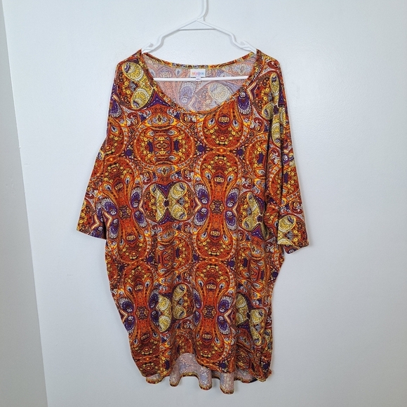 Lularoe Orange Yellow Geometric Stretchy Arsy Boho Avant Garde Shirt Size 3XL - Picture 3 of 5